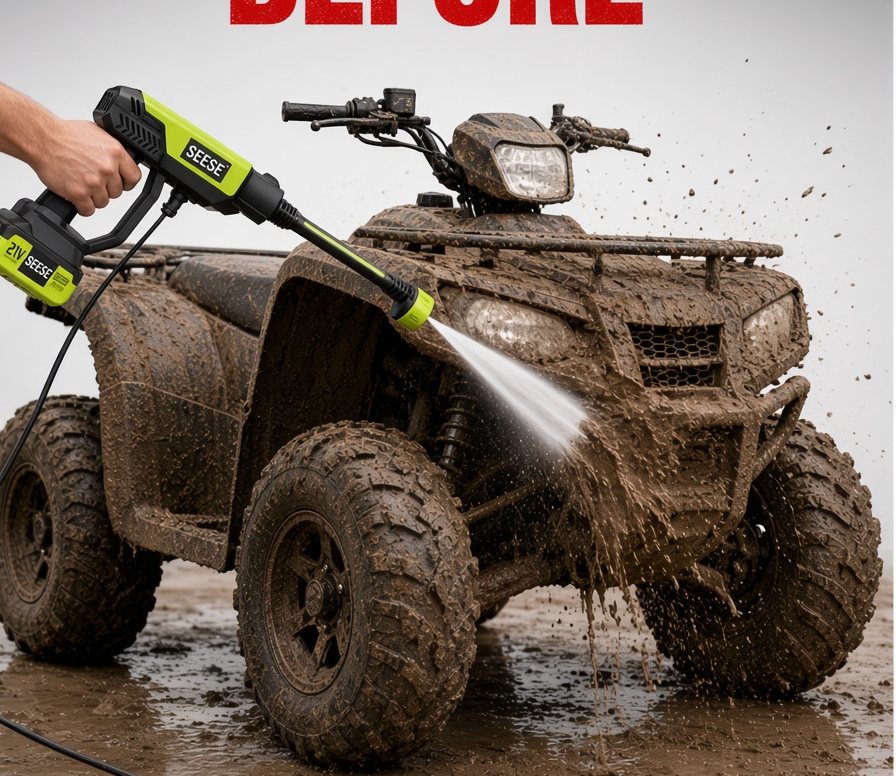 Rinsing mud off an ATV