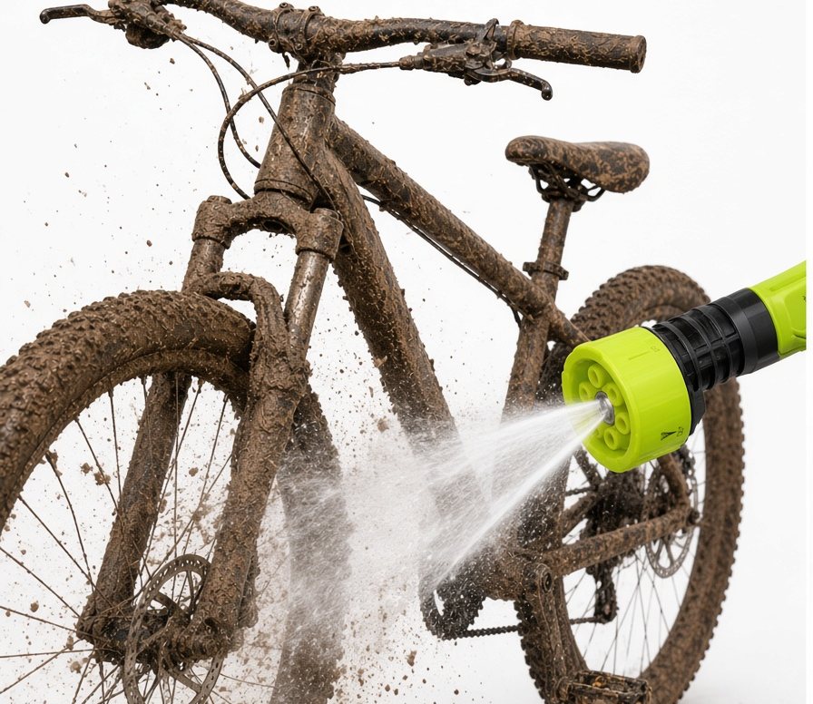 Rinsing mud off a mountain bike