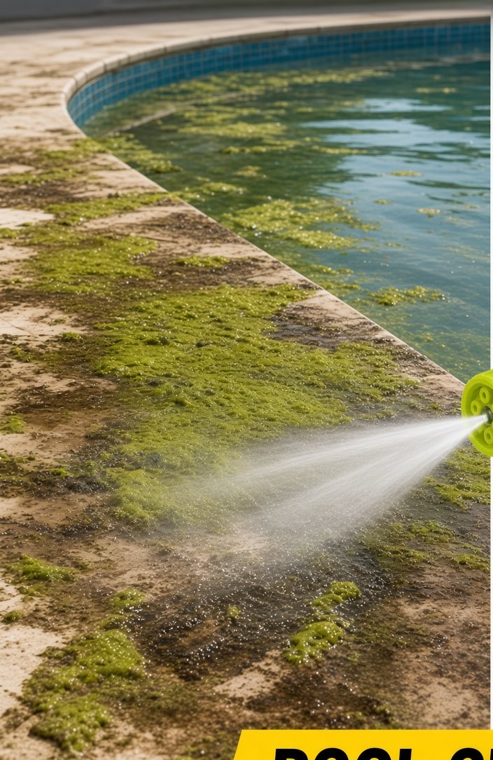 Rinsing algae off a pool edge