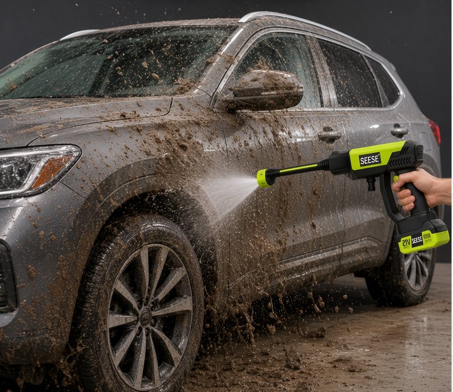 Rinsing mud off an SUV