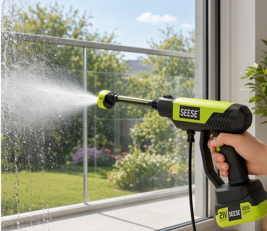 Rinsing a large glass door